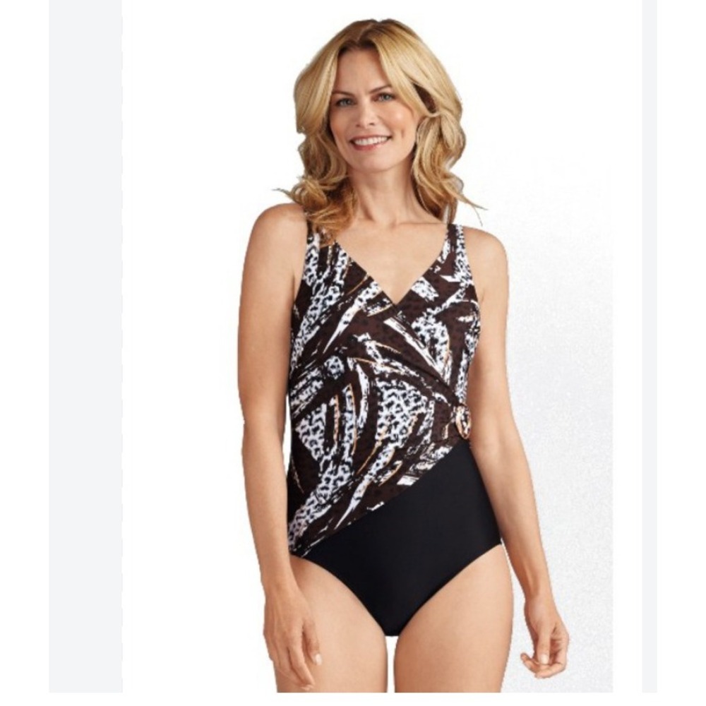 Amoena Corfu Sarong One Piece Mastectomy Swimsuit Black Brown Animal Print 18C